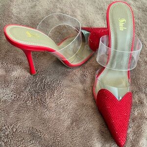 NWOT Red Rhinestone Cap-Toe High Heel Mules from Shein